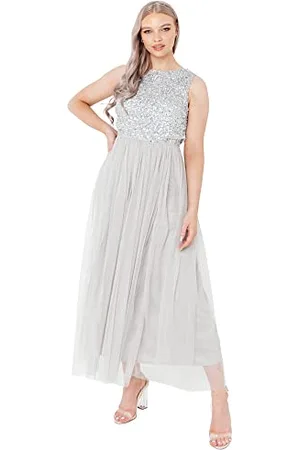 Maya Deluxe Vrouwen Midaxi Jurk Dames Mouwloze Pailletten Hoge Empire Taille Tule Versierd voor Bruiloft Gast Bal Bruidsmeisje, Bessen, 44