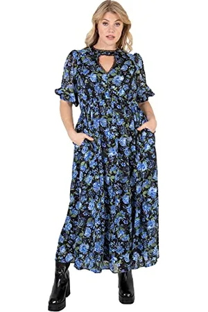 Lovedrobe Damen Summer Dresses for Women Plus Size Curve Ladies Midi Sun Faux Wrap High V Neckline Waist Puffed Sleeve Lace Black Kleid, , 46 EU