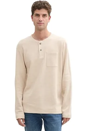 TOM TAILOR Herren 1043411 Henley-Longsleeve mit Struktur, 36281-Light Sand Melange Structure, XL