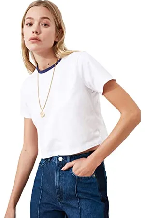Trendyol Damen Farbiger Kragen Crop Gestricktes T-shirt T Shirt, , S EU