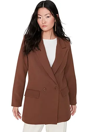 Trendyol Damen Regular damesjas met dubbele rijen, effen geweven stof Coat, Dunkelbraun, 34 EU