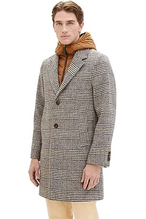 TOM TAILOR Herren 2-in-1 Karo Wollmantel mit abnehmbarer Innenjacke, beige brown wool check, L