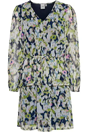 Ichi IHBERANO DR2 Damen Freizeitkleid Kleid Minikleid Chiffon Langarm Schößchen V-Ausschnitt Regular-Fit, Größe:38, Farbe: