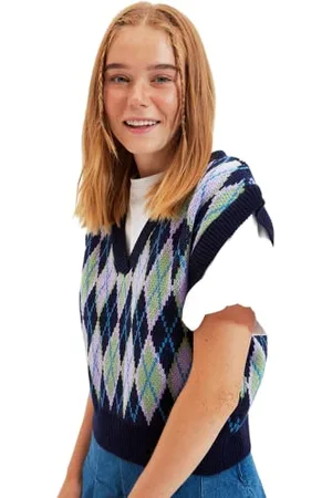 Trendyol Damen V-neck Diamond Pattern Regular Vest Sweater, , L EU