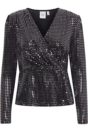 Ichi IHPORTER LS Damen Lange Bluse Langarm Wickelbluse mit Glitzer-Optik V-Ausschnitt Regular Fit, Größe:2XL, Farbe:
