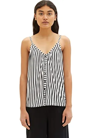 TOM TAILOR Damen 1038385 Top mit Knopfleiste, 32617-Vertical White Black Stripe, L