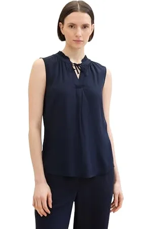 TOM TAILOR Damen Basic Bluse mit Rüschen-Detail am Kragen, sky captain blue, 42