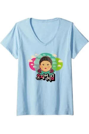 Squid Game Damen Gesicht Wolken Rot Hellgrün Licht Puppe T-Shirt mit V-Ausschnitt