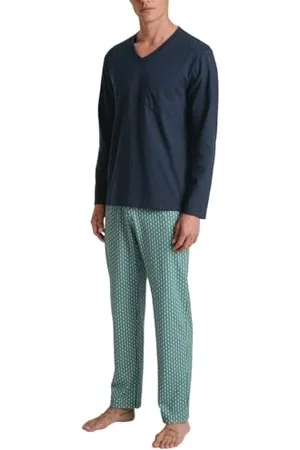Calida Relax Imprint Pyjama, lang Herren, aus 100% Baumwolle, Hose mit stoffbezogenem Gummibund