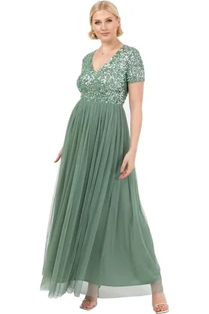 Maya Deluxe Damen-Maxikleid mit V-Ausschnitt, verziert, V-Ausschnitt, kurze Ärmel, Empire-Taille, Abschlussball, Abschlussfeier, Brautjungfer, Hochzeitsgast, tiefes Mint, Größe 38, , 34