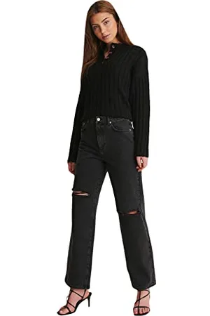 NA-KD Damen Destroyed Straight Denim Jeans, , 40 EU