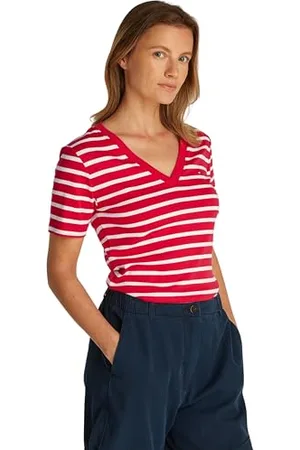 Tommy Hilfiger Damen T-Shirt Kurzarm New Slim Cody V-Ausschnitt, Mehrfarbig (Primary Red/Ecru STP), XL