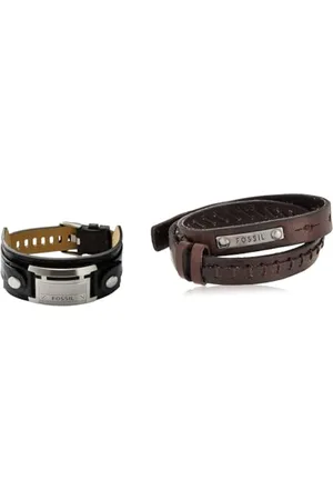 Fossil Große schwarze ID-Manschette Armband aus Leder, JF84816040 Länge: 242mm, Breite ID: 29mm & Herrenarmband Doppelwickel in braun, JF87354040