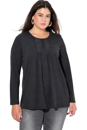 Ulla Popken Damen Shirt, Falten, Perlen, A-Linie, Langarm Tunika-Shirt, , 62-64 EU