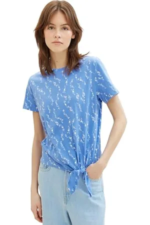 TOM TAILOR Damen Basic T-Shirt mit Knotendetail, mid blue white heart print, M