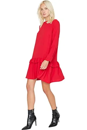 Trendyol Damen Woman Design Maxi A-line Crew Neck Woven Dress Kleid, Schwarz, 38 EU
