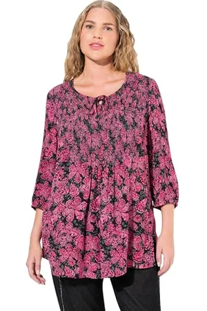 Ulla Popken Damen große Größen Übergrößen Plus Size Smokbluse, floraler Druck, Rundhals, 3/4-Arm