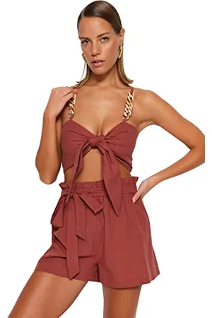 Trendyol Damen Blusen-Shorts, Einfarbig, Gewebt, Zweiteilig Hemd, , UK 10