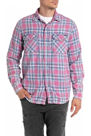 Replay Herren Hemd aus Baumwolle, Mehrfarbig (Pink/Indigo Blue 010), XS