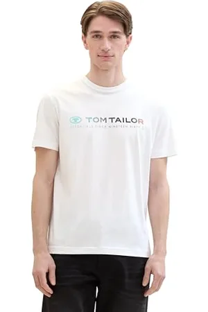 TOM TAILOR Herren Basic T-Shirt mit Logo-Print, White, S
