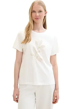 TOM TAILOR Damen Basic T-Shirt mit Print, Whisper White, L