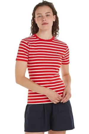 Tommy Hilfiger Damen T-Shirt Kurzarm New Slim Cody Rundhalsausschnitt, Mehrfarbig (Breton Fierce Red/Ecru), XXL