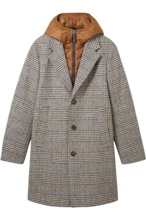 TOM TAILOR Herren 2-in-1 Karo Wollmantel mit abnehmbarer Innenjacke, beige brown wool check, XL