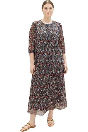 TOM TAILOR Damen 1038798 Mesh-Kleid mit Plissee & Knopfleiste, 32370-navy small tie dye floral, 46
