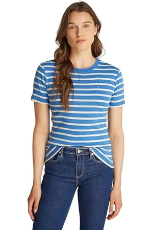 Tommy Hilfiger Damen T-Shirt Kurzarm Slim Cody Rundhalsausschnitt, Mehrfarbig (Fine Stp Blue Spell/ Ivory Petal), XS