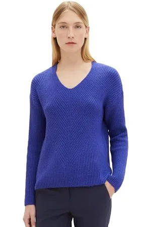 TOM TAILOR Damen 1039242 Basic Pullover mit V-Ausschnitt, 33965-crest Blue Melange, XS