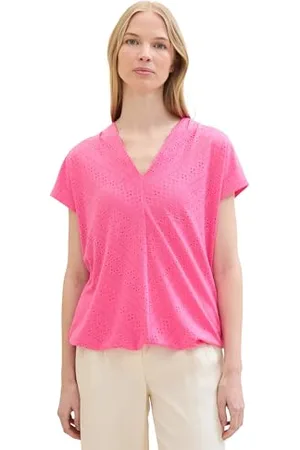 TOM TAILOR Damen Basic Blusen-Shirt mit Lochstickerei-Details, carmine pink, L