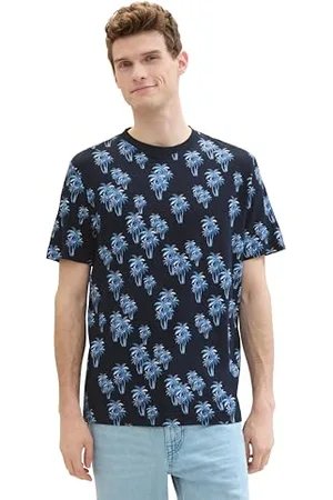 TOM TAILOR Herren Modisches T-Shirt mit Allover-Print, navy multi palm design, L
