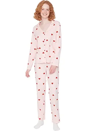 Trendyol Damen 2er-pack Herz Lange Ärmel Lounge/Zuhause Tailliert Pyjama-set Pajama Set, , L EU