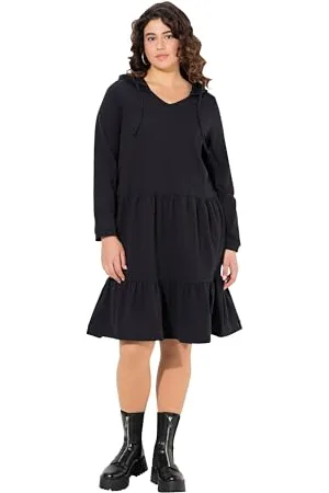 Ulla Popken Damen Sweatkleid, Kapuze, A-Linie, V-Ausschnitt, Langarm Kleid, , 46-48 EU