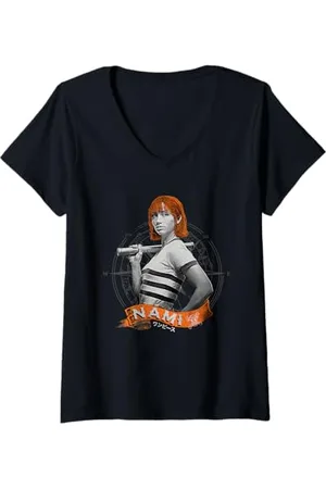 Onepiece Damen Nami Live Action Strohhut Pirat Katze Einbrecher T-Shirt mit V-Ausschnitt