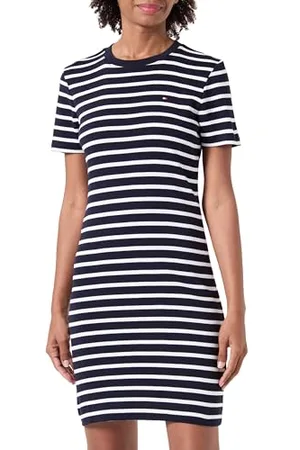 Tommy Hilfiger Damen Kleid New Cody Slim Short Dress aus Baumwolle, Mehrfarbig (Breton Ecru/Desert Sky), XXS