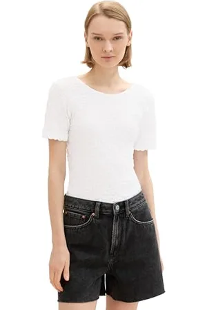TOM TAILOR Damen Basic T-Shirt mit Crincle Struktur, White, S