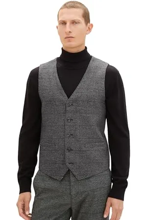 TOM TAILOR Herren Casual Weste mit seitlichen Abnähern, grey black grindle check, 50