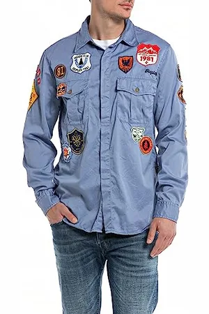 Replay Herren Hemd Langarm mit Patches, (Blau), 3XL