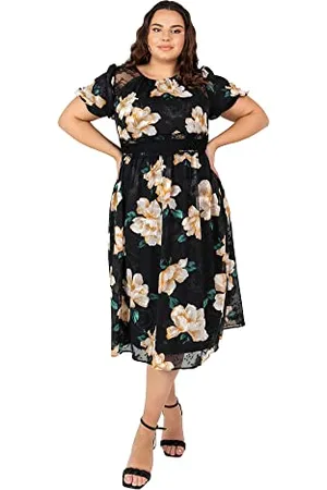 Lovedrobe Damen Womens Plus Size Dresses Summer for Ladies with Pockets Short Ballon Sleeve Crew Neck Midi Len Dress, , 52 EU