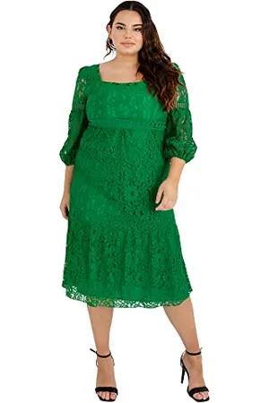 Lovedrobe Womens Ladies Green Dress Lace Overlay Bishop Long Sleeve Midi Square Size 22
