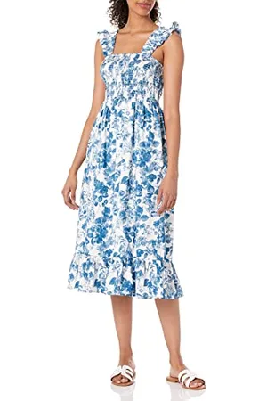 THE DROP Kimi Ruffled Shoulder Smocked Midi Dress Kleider, Blaues Blumenmuster, 3XL Größen