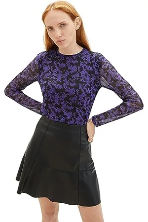 TOM TAILOR Damen 1038382 Mesh-Langarmshirt mit Muster, 32417-lilac Black Flower Print, XL