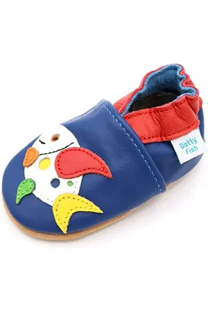Dotty Fish Krabbelschuhe aus Leder – rutschfeste, weiche Sohle, Barfußgefühl, Lauflernschuhe & Babyschuhe für Jungen und Mädchen. Blau Bunt Punkte Fisch. 0-6 Monate (17 EU)