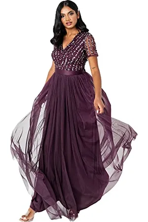 Maya Deluxe Damen Maxi Abendkleid Elegant Hochzeit V-ausschnitt Brautjungfernkleid Empiretaillierung Abschlussball Bridesmaid Dress, , 52 EU