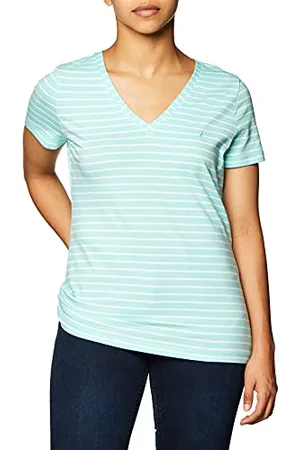 Nautica Damen Easy Comfort V-Neck Striped Supersoft Stretch Cotton T-Shirt, Blau-Aruba Blue, Groß
