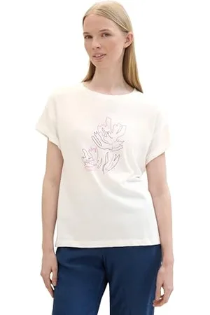 TOM TAILOR Damen Basic T-Shirt mit Blumenmuster, off white, XXXL
