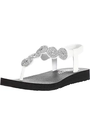 Skechers Damen Meditation Stars & Sparkle Zehentrenner, White Duraleather/Clear Rhinestone Trim, 40 EU