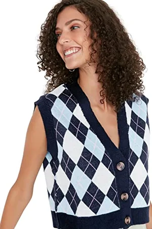 Trendyol Damen V-Neck Plaid Regular Vest Sweater, , S EU