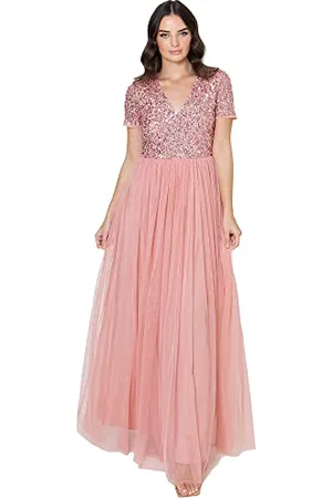Maya Deluxe Damen Ballkleid Abendkleid V-ausschnitt Maxi Länge Pailletten Kurze Ärmel Für Hochzeit Geburtstag Brautjungfer Bridesmaid Dress, , 50 EU
